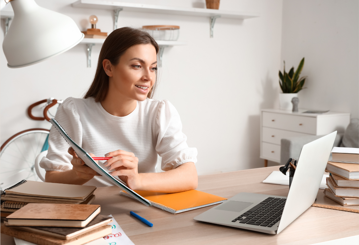 Woman teaching online from her home office